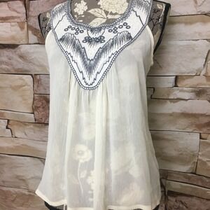 H.I.P. Embroidered Yoke Sheer Flowy Sleeveless Swing Tank Blouse Cream Gray